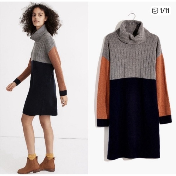 MADEWELL Colorblock Sweater Dress Turtleneck Work Medium Gray Navy Tan Merino - Picture 4 of 11